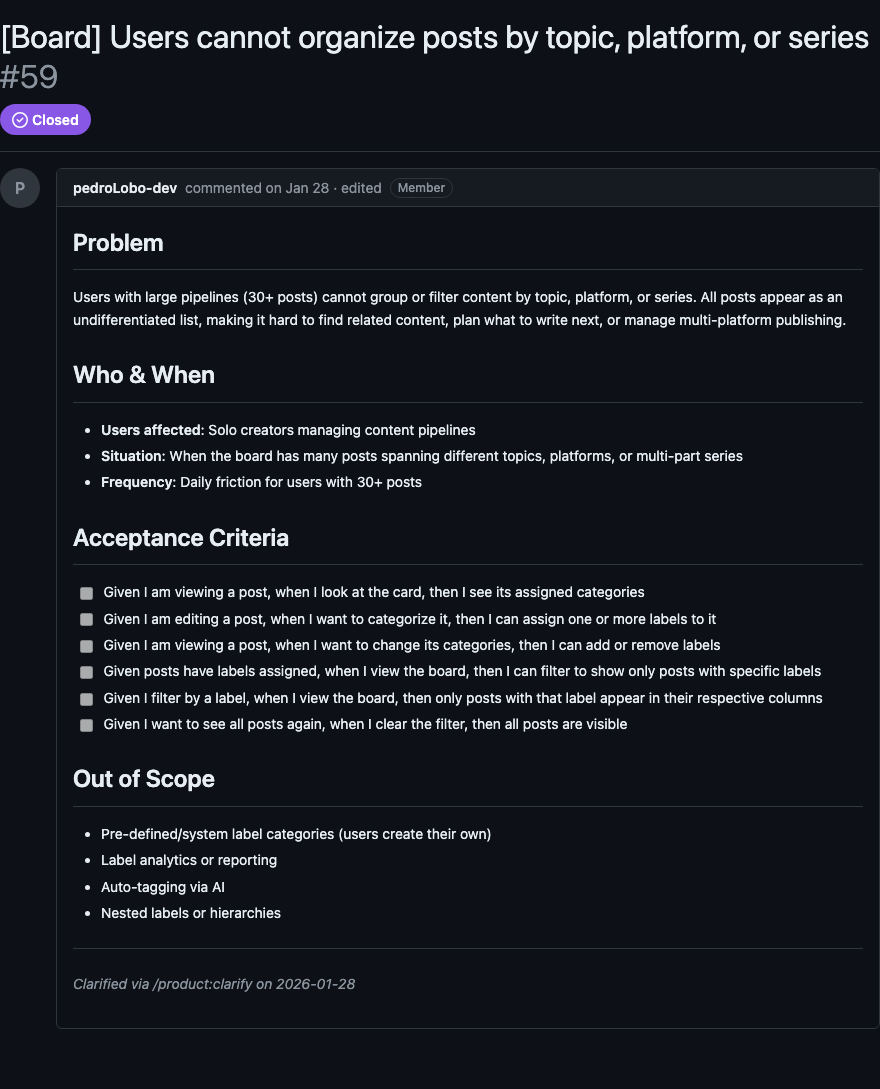 Issue #59 clarificada com Problem, Who & When, Acceptance Criteria e Out of Scope