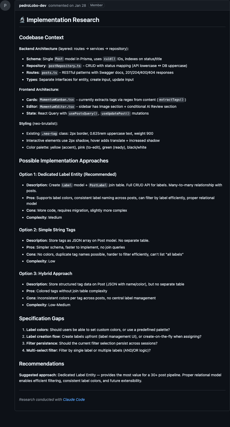 Comentário de Implementation Research com contexto do codebase, 3 opções de implementação e specification gaps