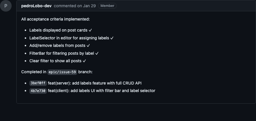 Comentário de validação com todos os critérios de aceitação verificados e commits listados